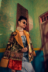 Beige green bird short  velvet  jacket mustard fur