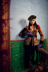 Red black velvet short  fur jacket+ belt
