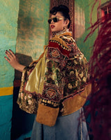 Beige green bird short  velvet  jacket mustard fur