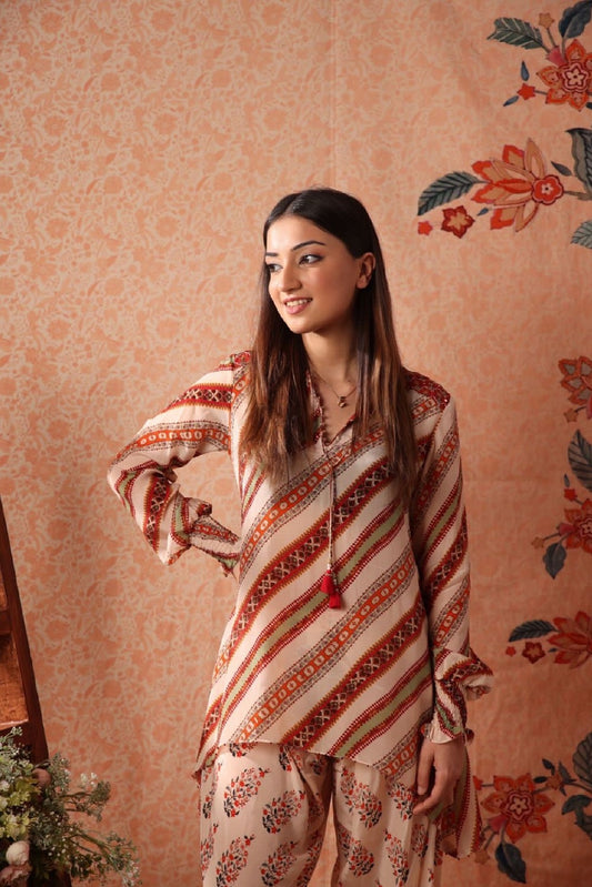 Diagonal Printed Top With Round Salwar