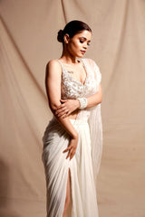 Cream pleated organza saree