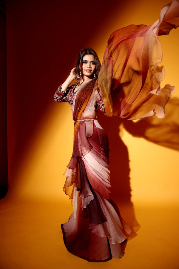 Maroon heavy blouse & ombre saree with chiffon ruffle