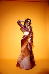 Maroon heavy blouse & ombre saree with chiffon ruffle