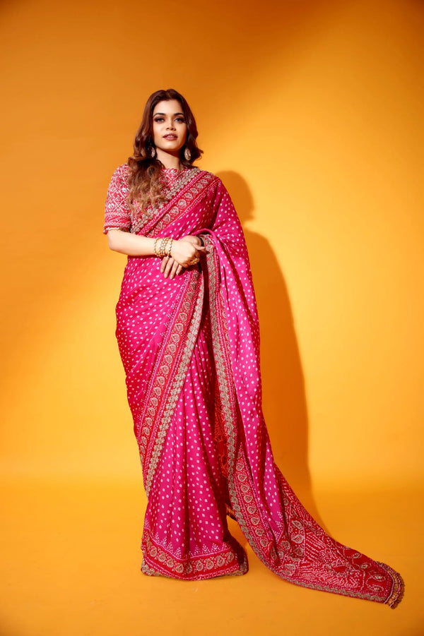 Red and hot pink saree heavy