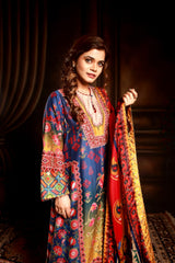 Blue floral suit with mortif and  satin red dupatta & yellow pant .