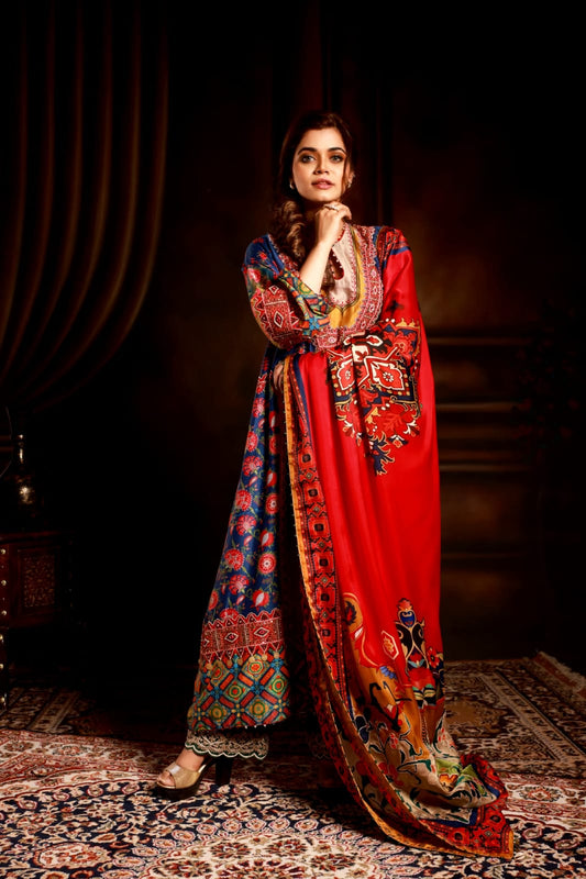 Blue floral suit with mortif and satin red dupatta & yellow pant .