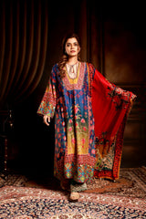 Blue floral suit with mortif and  satin red dupatta & yellow pant .