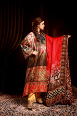 Fawm  black & orang kurta with red satin dupatta &  wine pant jaal