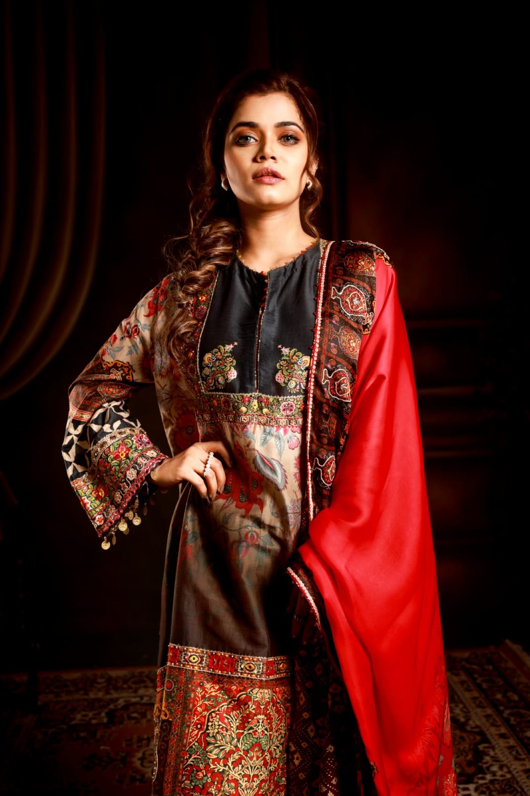 Fawm black & orang kurta with red satin dupatta & wine pant jaal