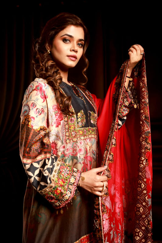Fawm black & orang kurta with red satin dupatta & wine pant jaal