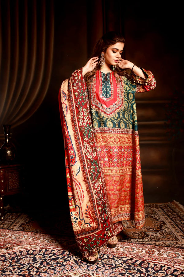 Bottel green & red paithani border suit with red border dupatta and wine pant jaal.