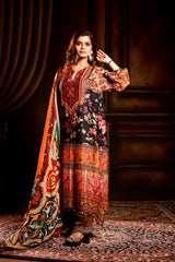 Orange  and black print with orange georgette dupatta + brown pant