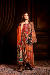 Orange  and black print with orange georgette dupatta + brown pant