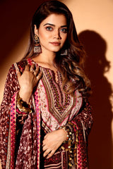 Wine color sharara with pink mirror dupatta.