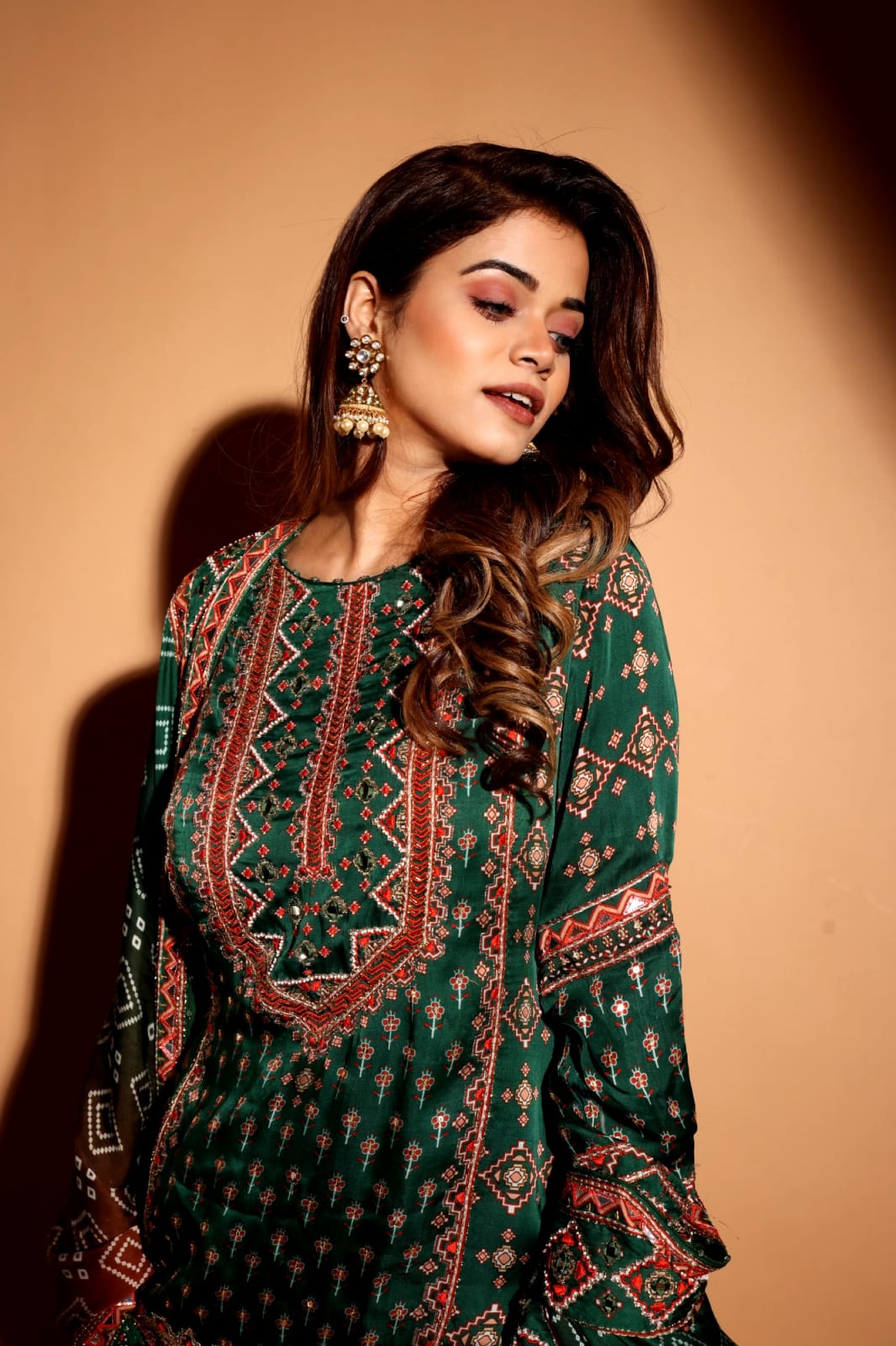 Bottel green lehenga and long top with dupatta