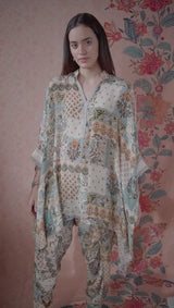Green printed oversized kaftan shirt with dhoti