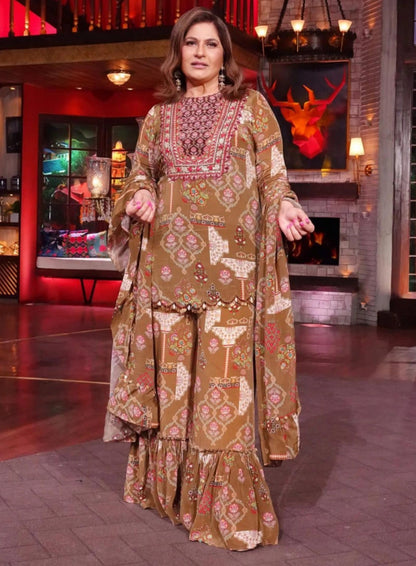 Green short Kurta with flair  sleeves & sharara pant with dupatta