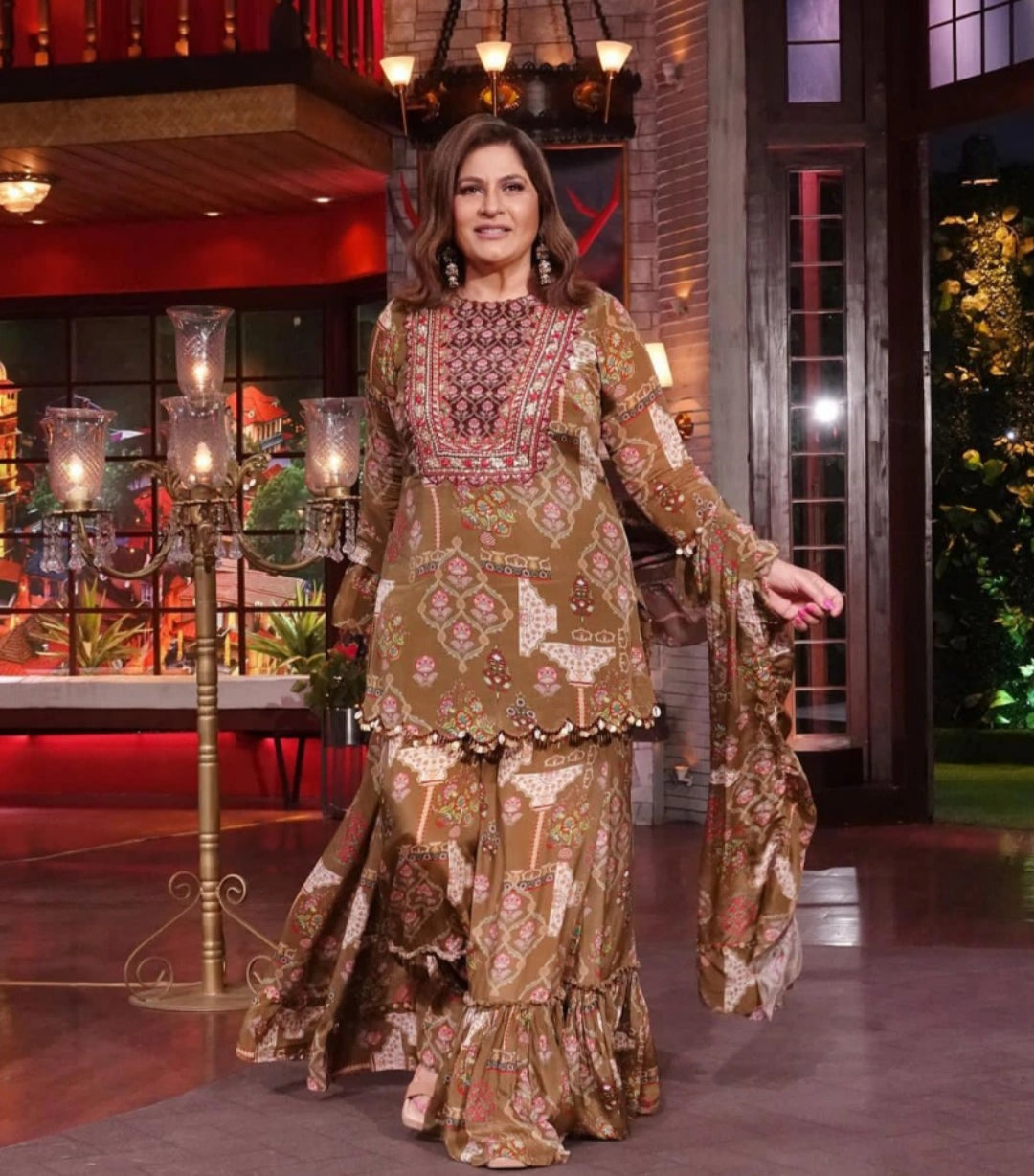 Green short Kurta with flair  sleeves & sharara pant with dupatta