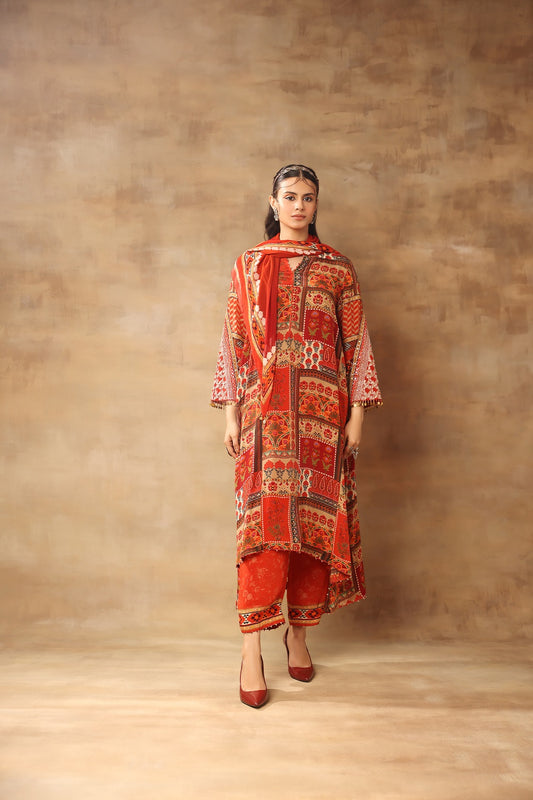 Split Crew Neck Printed Kurta With Scarf And  Pant