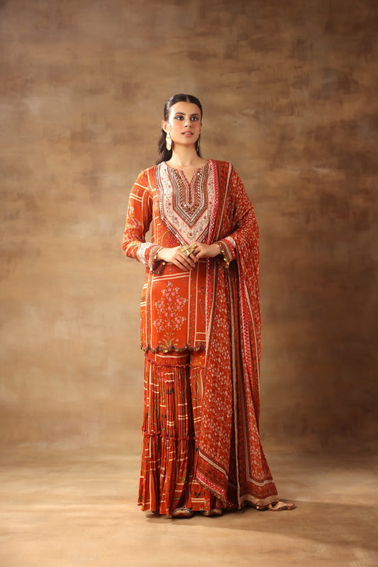 Rust Color Pleated Sharara Set