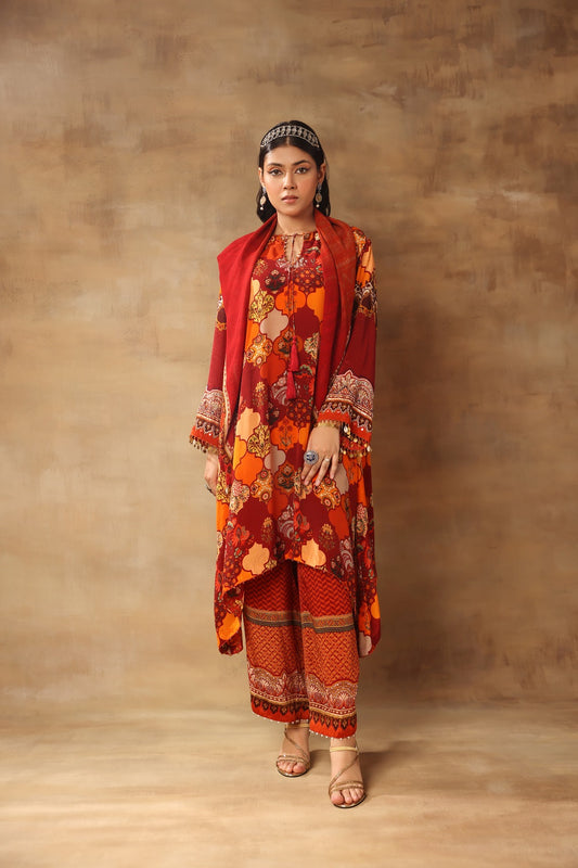 Moroccan  Print A-line Kurta With Scraf And Dupatta