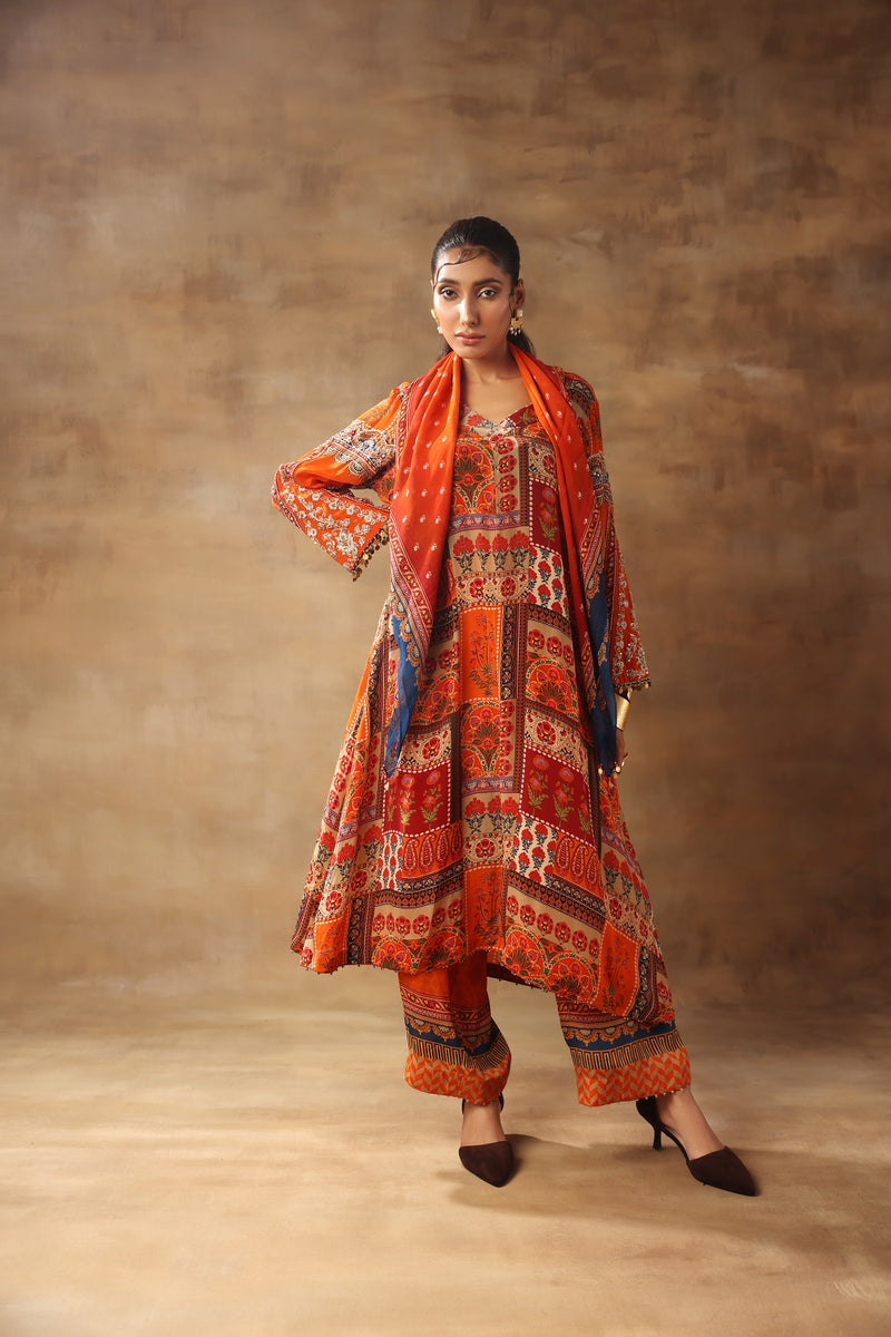 Orange Rust A-line Kurta With Scarf