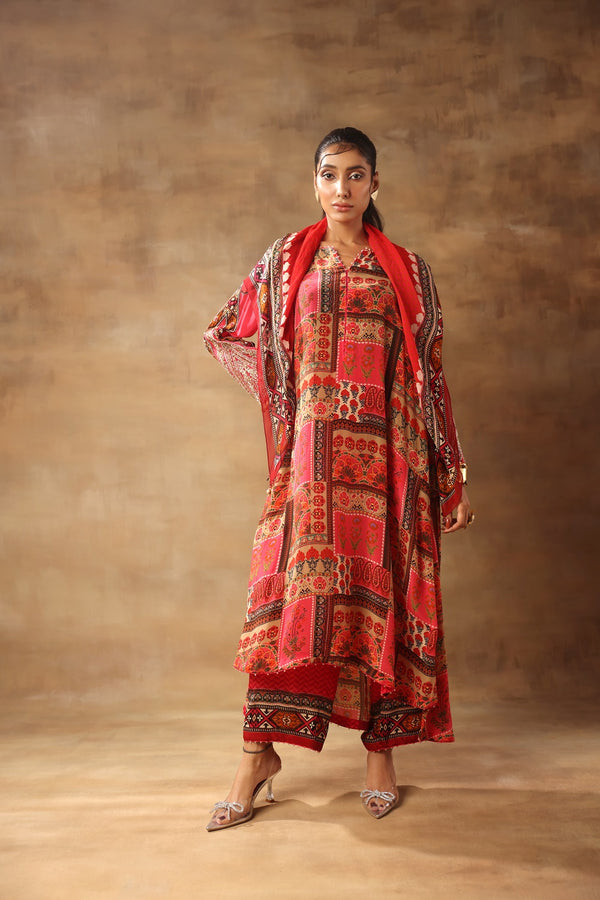 Pink Red Multi Color Kurta With Scarf And Pant