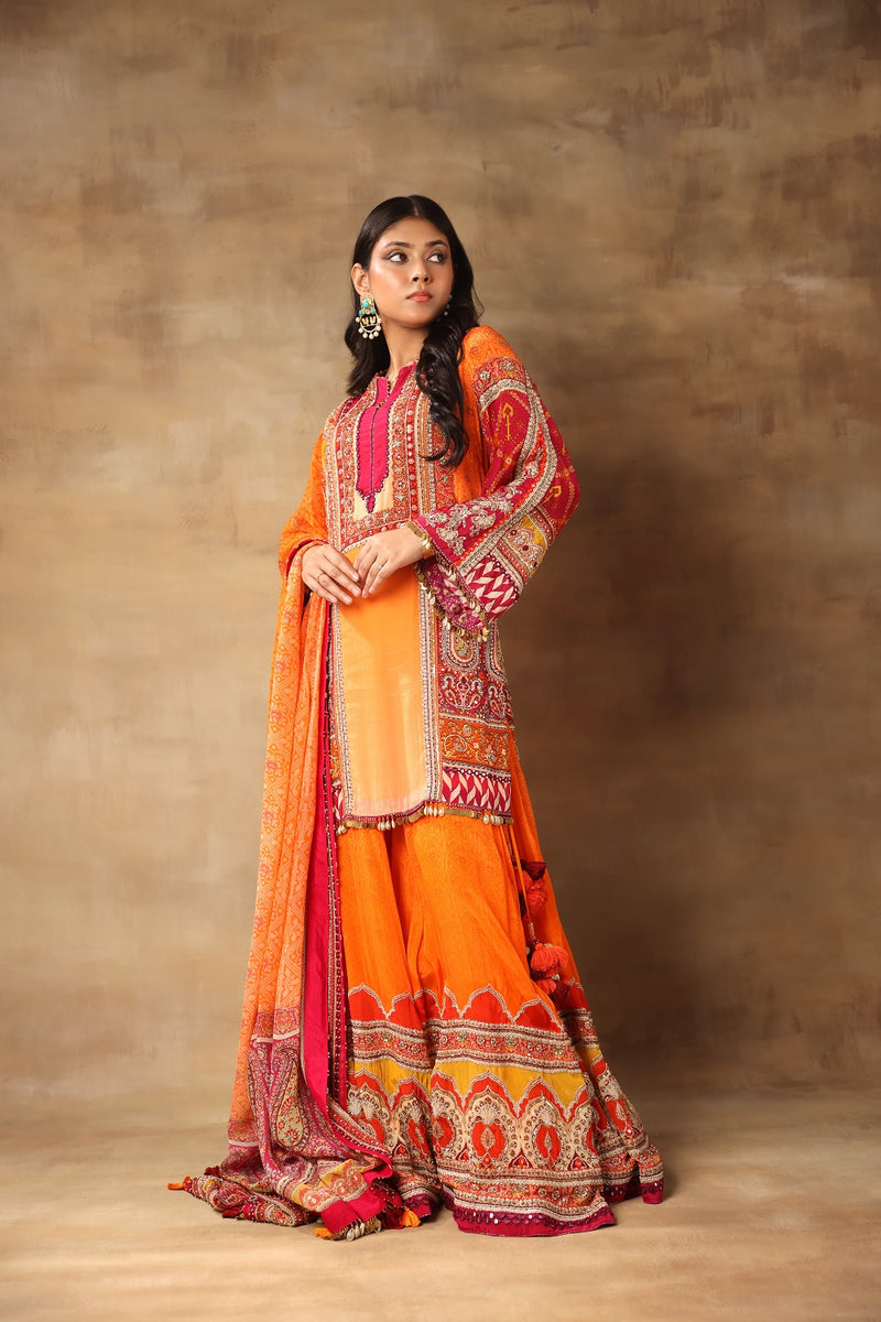 Orange Sharara Set with Split Crew Neck