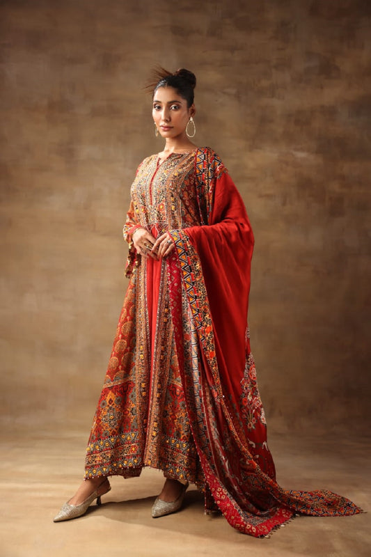Red Heavy Kurta With Satin Dupatta And Pant
