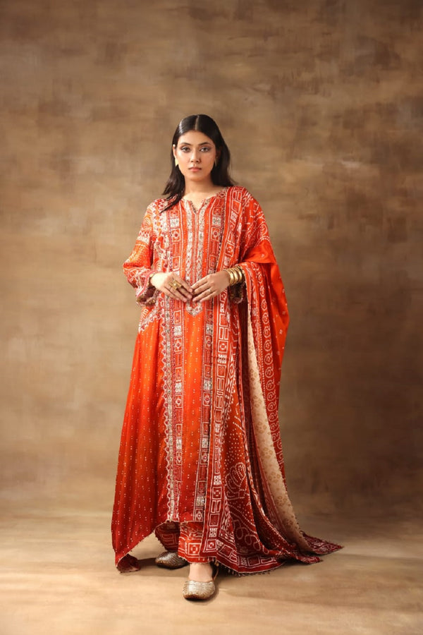 Orange Red Ombre Kurta With Dupatta And Pant