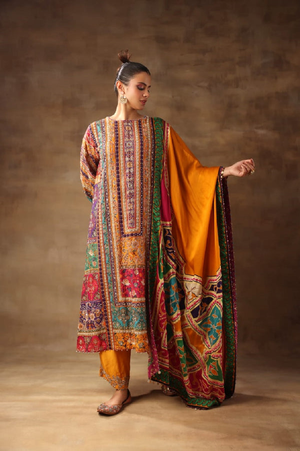 Multi color heavy long neck kurta with satin dupatta and yellow pant