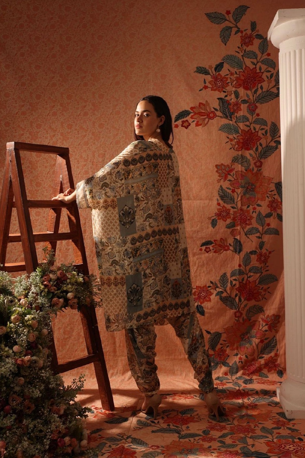 Green printed oversized kaftan shirt with dhoti