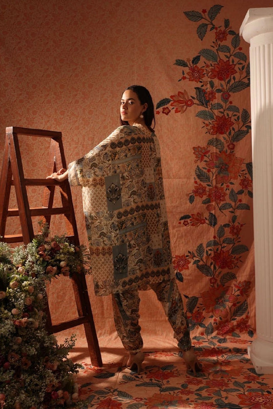 Green printed oversized kaftan shirt with dhoti