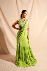 Lime green pleated saree