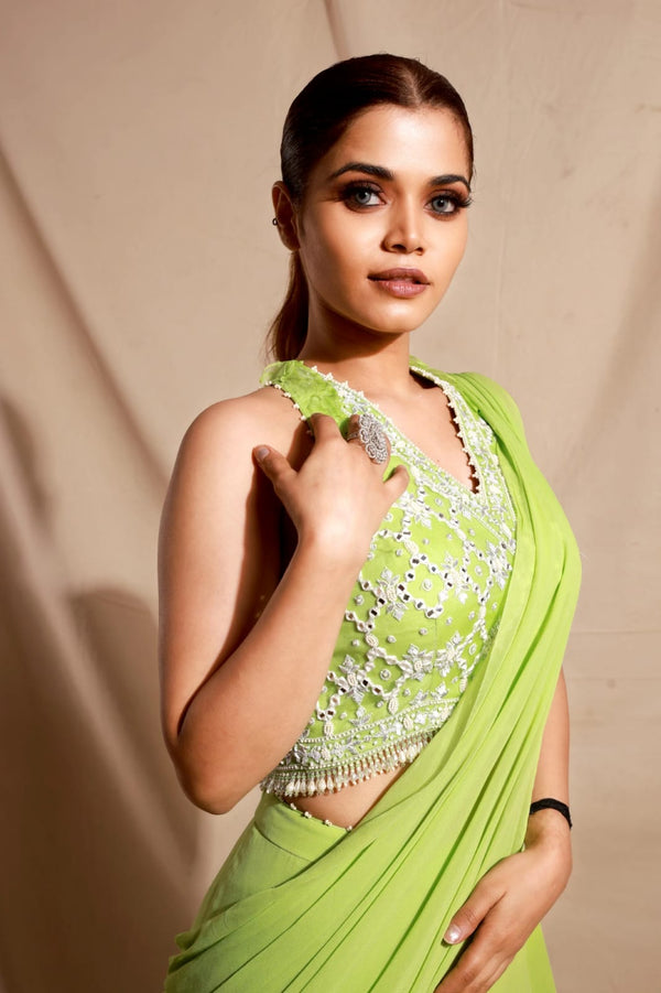 Lime green pleated saree