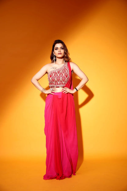 Red  pink ombre saree