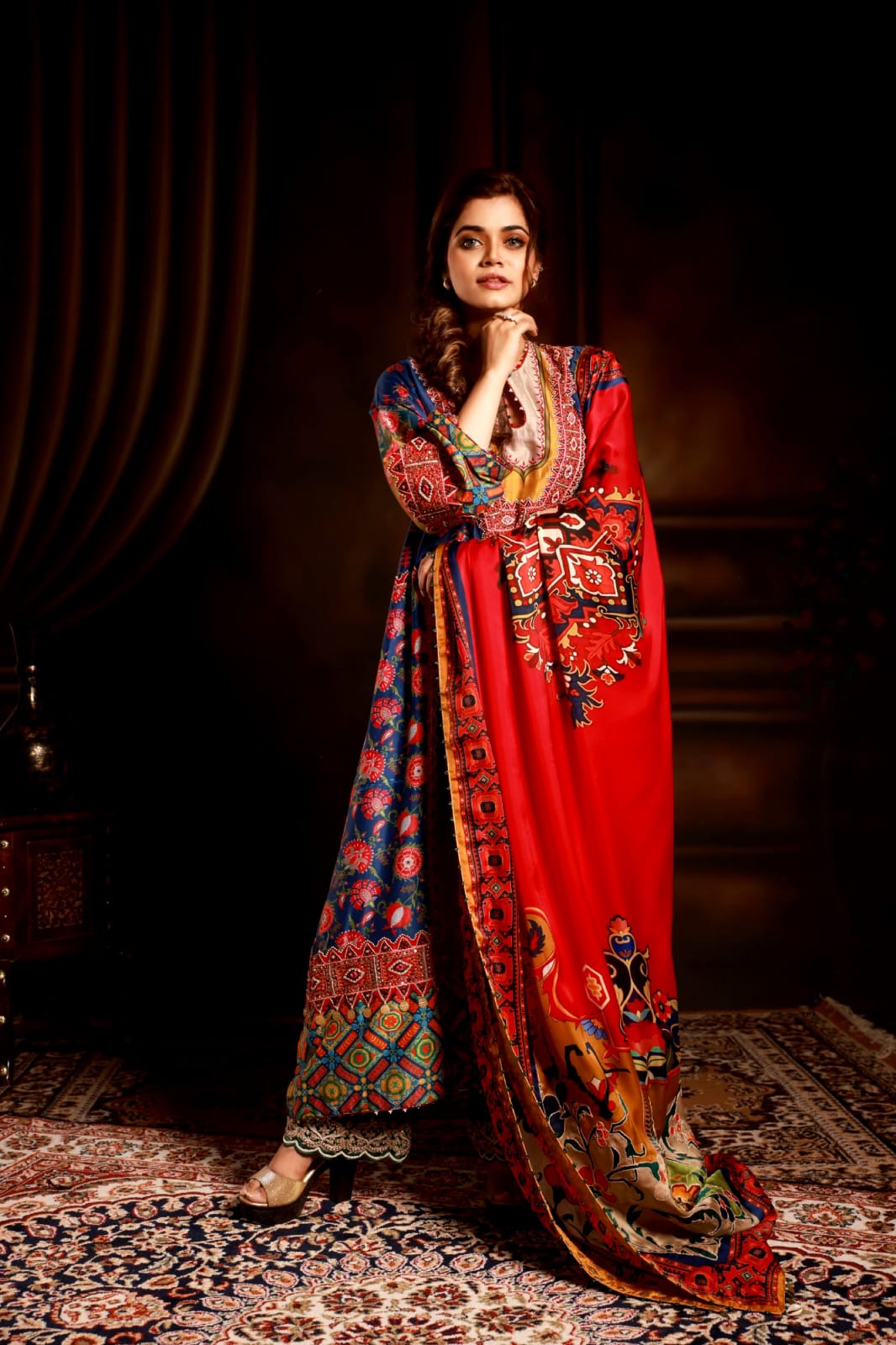 Blue floral suit with mortif and  satin red dupatta & yellow pant .