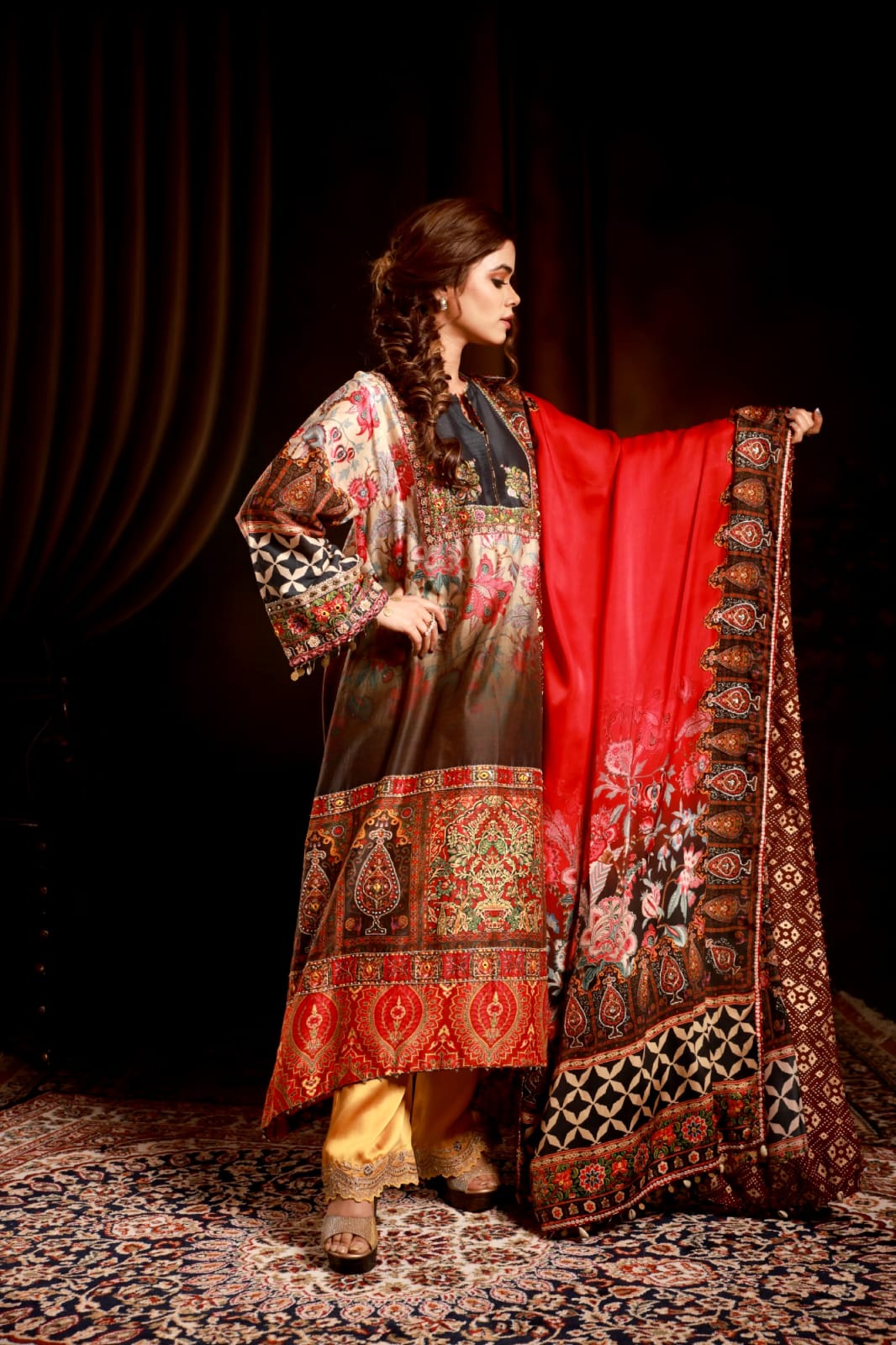 Fawm  black & orang kurta with red satin dupatta &  wine pant jaal