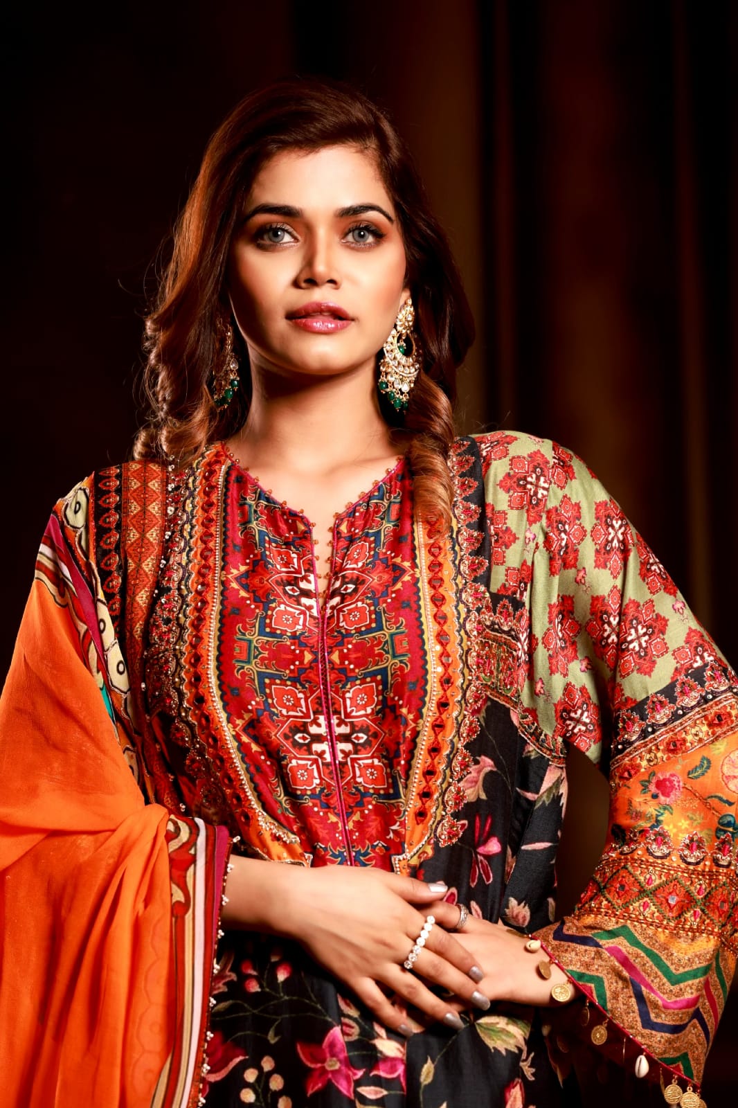 Orange  and black print with orange georgette dupatta + brown pant