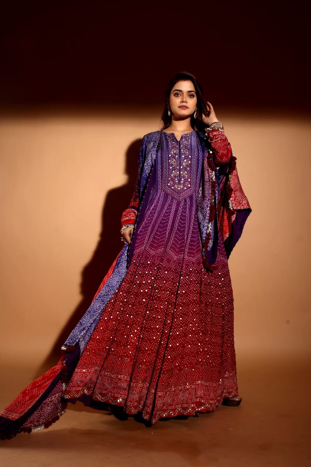Maroon purple bandhani anarkali set