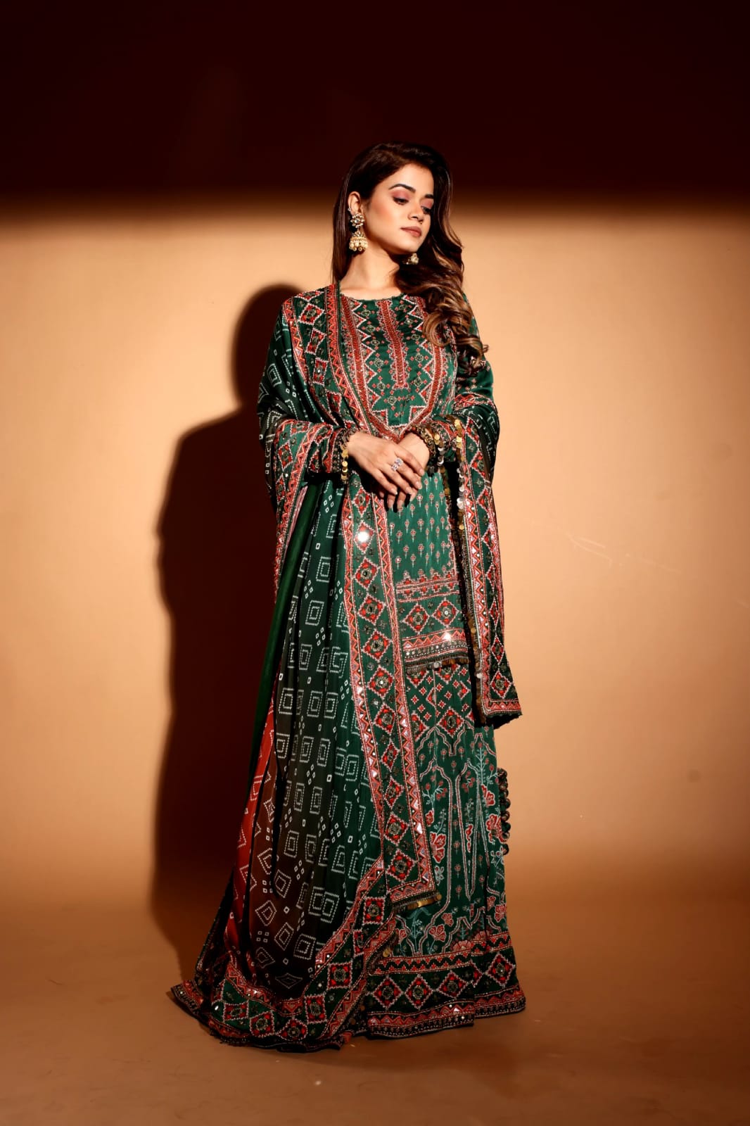 Bottel green lehenga and long top with dupatta